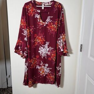 Floral Burgundy Dress with Bell Sleeves